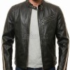 Men Black Leather Cafe Racer Jacket | Vintage Retro Striped Motorcycle Coat | Premium Distressed Lambskin Rider Side Buckle Biker Outerwear