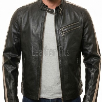 Men Black Leather Cafe Racer Jacket | Vintage Retro Striped Motorcycle Coat | Premium Distressed Lambskin Rider Side Buckle Biker Outerwear