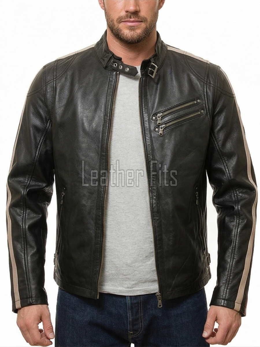Men Black Leather Cafe Racer Jacket | Vintage Retro Striped Motorcycle Coat | Premium Distressed Lambskin Rider Side Buckle Biker Outerwear