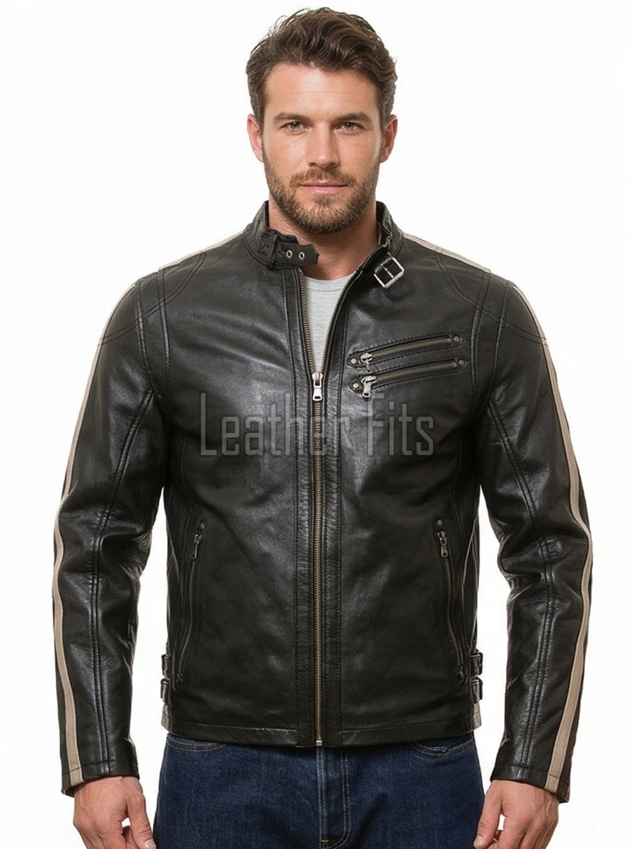 Men Black Leather Cafe Racer Jacket | Vintage Retro Striped Motorcycle Coat | Premium Distressed Lambskin Rider Side Buckle Biker Outerwear