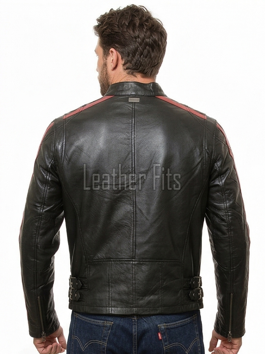 Men Black Leather Cafe Racer Jacket | Vintage Retro Striped Motorcycle Coat | Premium Distressed Lambskin Rider Side Buckle Biker Outerwear