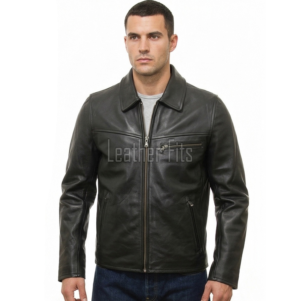 Men Black Leather Minimalist Jacket | Casual Turn Down Point Collar Moto Coat | Premium Supple Lambskin Single Zippered Chest Pocket Outerwear