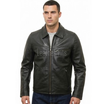 Men Black Leather Minimalist Jacket | Casual Turn Down Point Collar Moto Coat | Premium Supple Lambskin Single Zippered Chest Pocket Outerwear