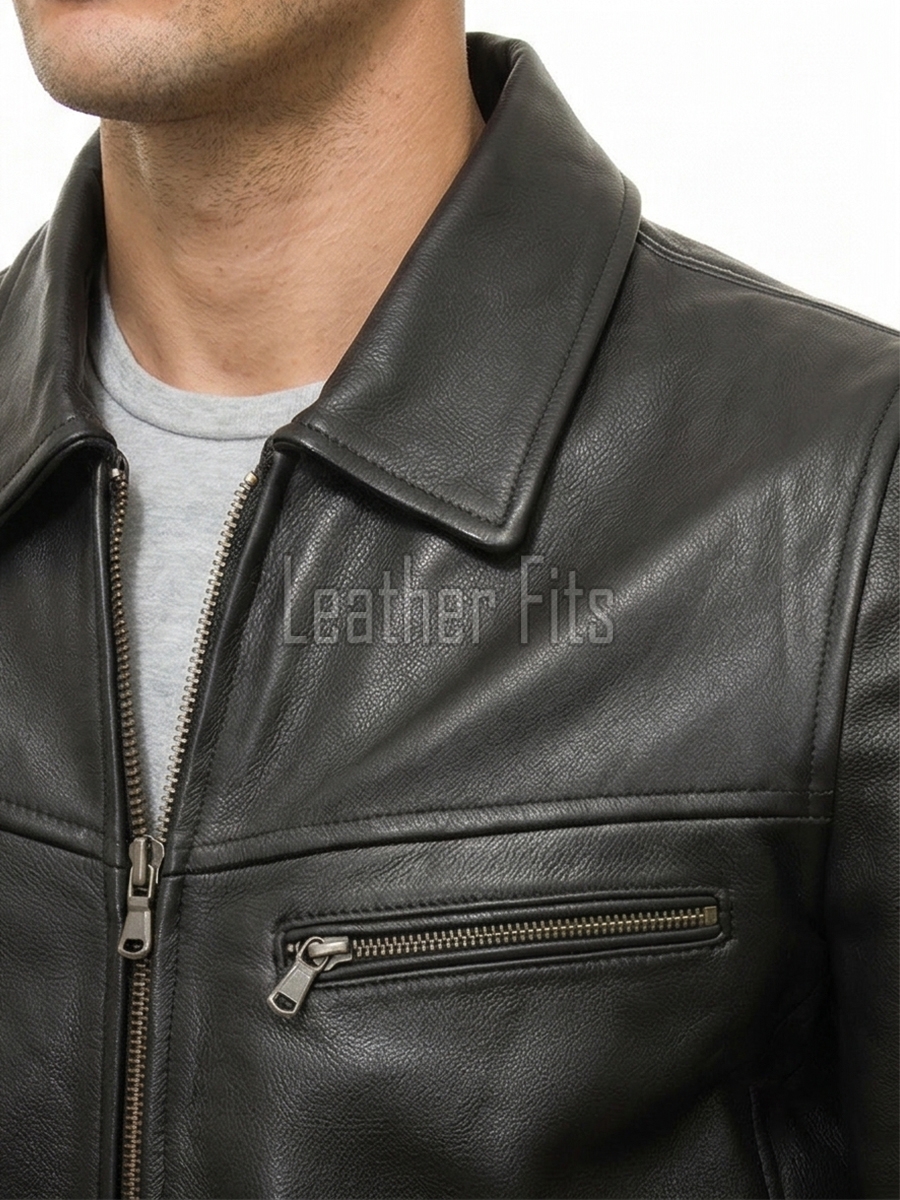 Men Black Leather Minimalist Jacket | Casual Turn Down Point Collar Moto Coat | Premium Supple Lambskin Single Zippered Chest Pocket Outerwear