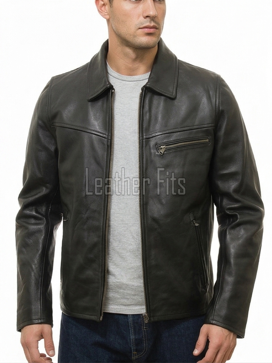 Men Black Leather Minimalist Jacket | Casual Turn Down Point Collar Moto Coat | Premium Supple Lambskin Single Zippered Chest Pocket Outerwear