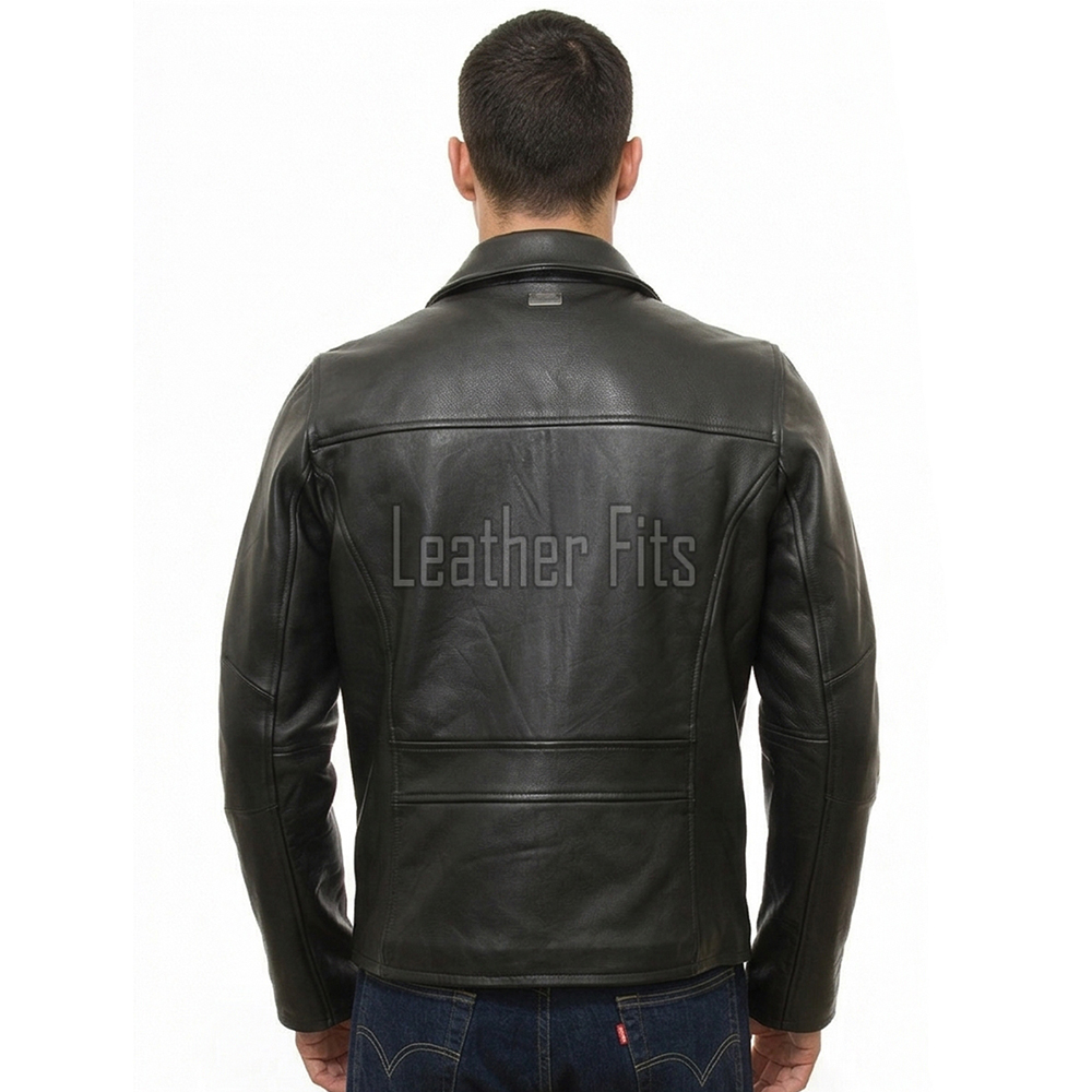 Men Black Leather Minimalist Jacket | Casual Turn Down Point Collar Moto Coat | Premium Supple Lambskin Single Zippered Chest Pocket Outerwear