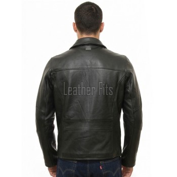 Men Black Leather Minimalist Jacket | Casual Turn Down Point Collar Moto Coat | Premium Supple Lambskin Single Zippered Chest Pocket Outerwear