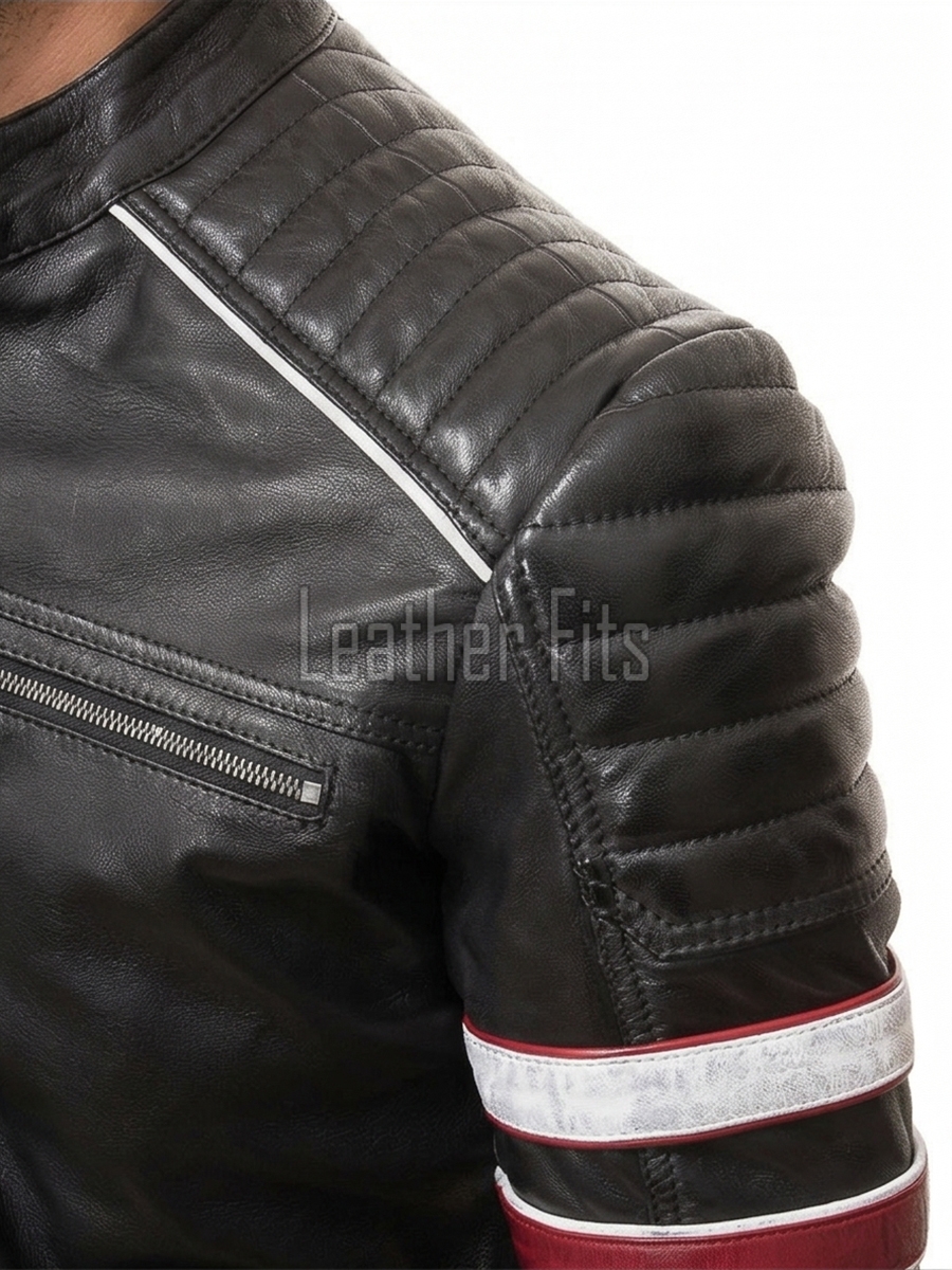 Men Black Leather Cafe Racer Jacket | Vintage Retro Striped Motorcycle Coat | Premium Ribbed Padded Shoulder Rider Side Buckle Biker Armor