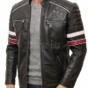 Men Black Leather Cafe Racer Jacket | Vintage Retro Striped Motorcycle Coat | Premium Ribbed Padded Shoulder Rider Side Buckle Biker Armor