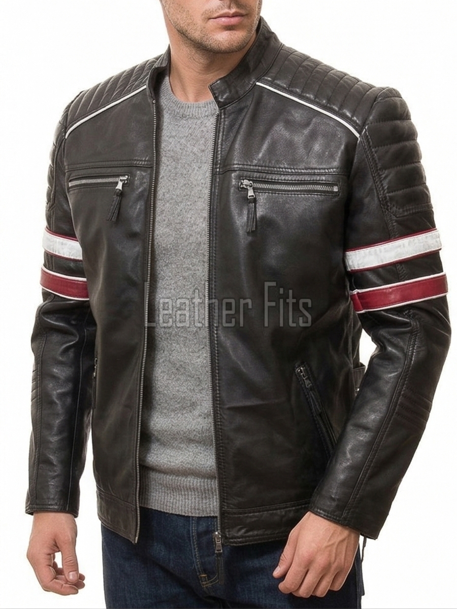Men Black Leather Cafe Racer Jacket | Vintage Retro Striped Motorcycle Coat | Premium Ribbed Padded Shoulder Rider Side Buckle Biker Armor