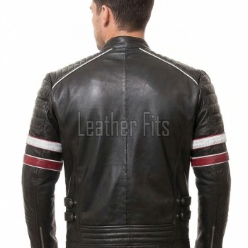Men Black Leather Cafe Racer Jacket | Vintage Retro Striped Motorcycle Coat | Premium Ribbed Padded Shoulder Rider Side Buckle Biker Armor