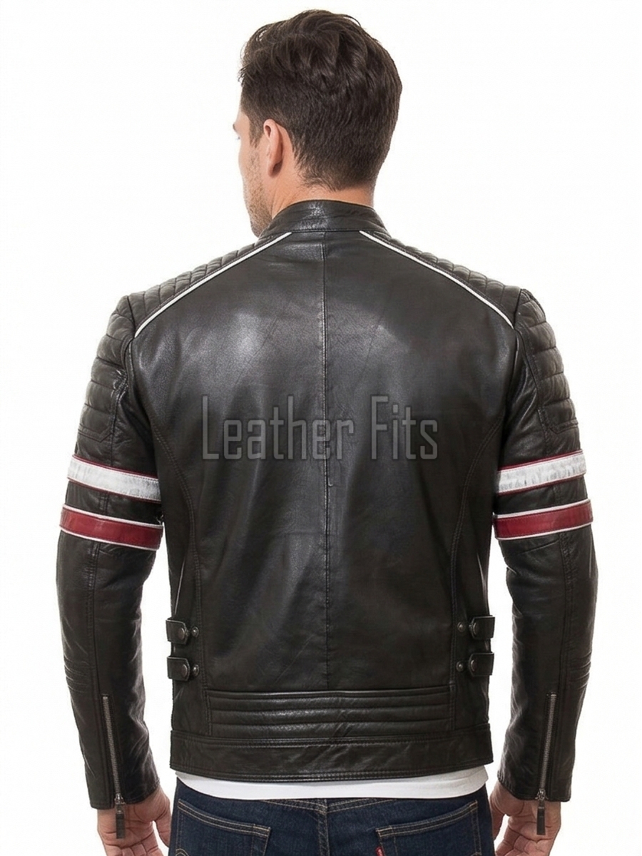 Men Black Leather Cafe Racer Jacket | Vintage Retro Striped Motorcycle Coat | Premium Ribbed Padded Shoulder Rider Side Buckle Biker Armor
