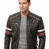 Men Black Leather Cafe Racer Jacket | Vintage Retro Striped Motorcycle Coat | Premium Ribbed Padded Shoulder Rider Side Buckle Biker Armor