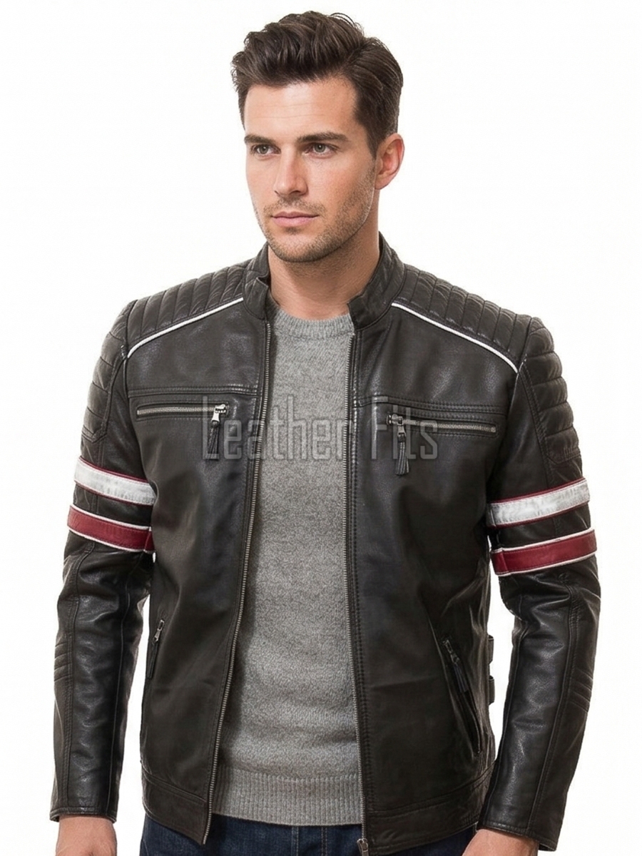 Men Black Leather Cafe Racer Jacket | Vintage Retro Striped Motorcycle Coat | Premium Ribbed Padded Shoulder Rider Side Buckle Biker Armor