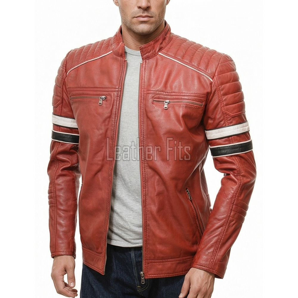 Men Red Leather Cafe Racer Jacket | Vintage Retro Striped Motorcycle Coat | Premium Ribbed Padded Shoulder Rider Side Tab Biker Armor