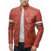 Men Red Leather Cafe Racer Jacket | Vintage Retro Striped Motorcycle Coat | Premium Ribbed Padded Shoulder Rider Side Tab Biker Armor