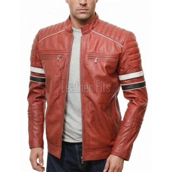 Men Red Leather Cafe Racer Jacket | Vintage Retro Striped Motorcycle Coat | Premium Ribbed Padded Shoulder Rider Side Tab Biker Armor
