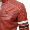 Men Red Leather Cafe Racer Jacket | Vintage Retro Striped Motorcycle Coat | Premium Ribbed Padded Shoulder Rider Side Tab Biker Armor