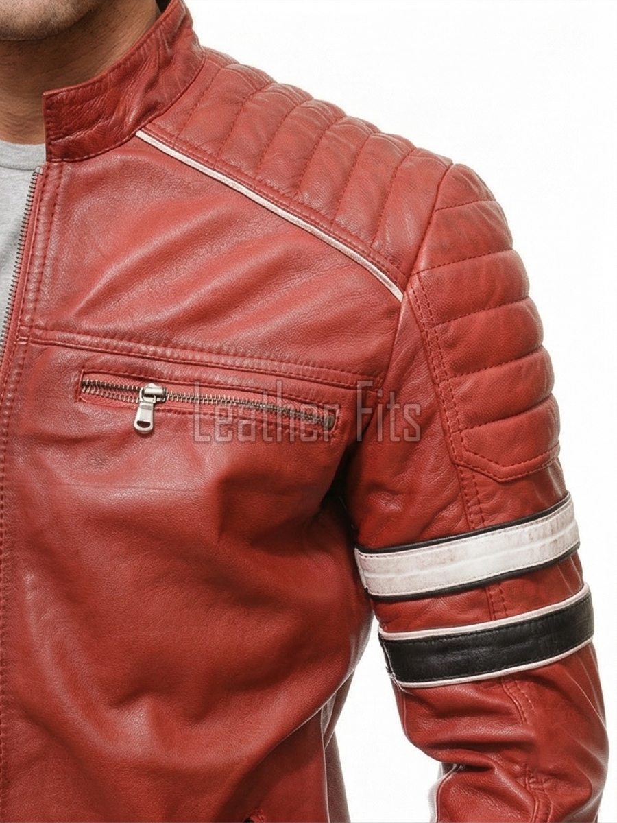 Men Red Leather Cafe Racer Jacket | Vintage Retro Striped Motorcycle Coat | Premium Ribbed Padded Shoulder Rider Side Tab Biker Armor