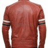 Men Red Leather Cafe Racer Jacket | Vintage Retro Striped Motorcycle Coat | Premium Ribbed Padded Shoulder Rider Side Tab Biker Armor