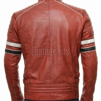 Men Red Leather Cafe Racer Jacket | Vintage Retro Striped Motorcycle Coat | Premium Ribbed Padded Shoulder Rider Side Tab Biker Armor