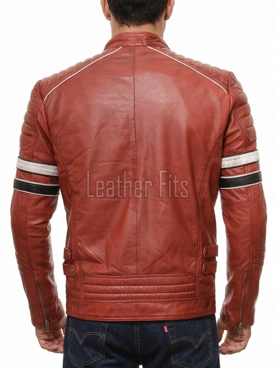 Men Red Leather Cafe Racer Jacket | Vintage Retro Striped Motorcycle Coat | Premium Ribbed Padded Shoulder Rider Side Tab Biker Armor
