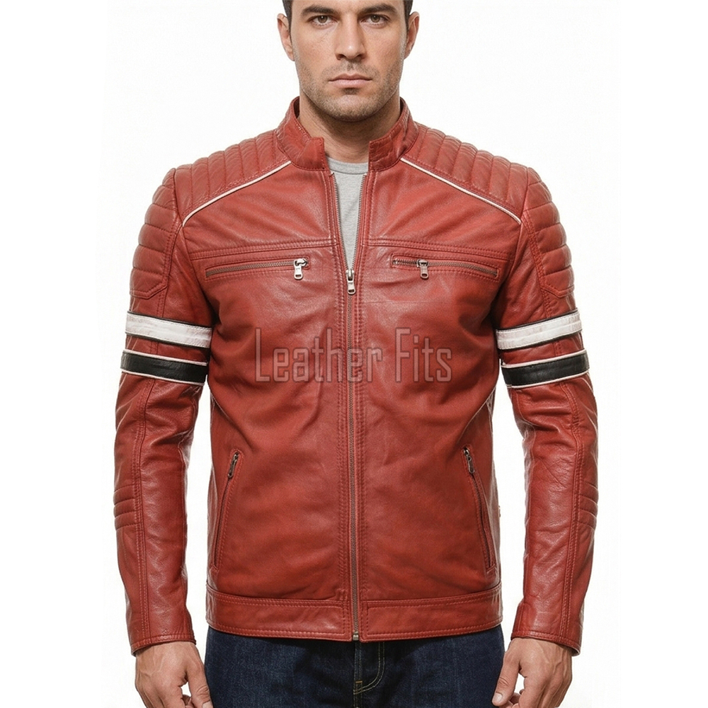 Men Red Leather Cafe Racer Jacket | Vintage Retro Striped Motorcycle Coat | Premium Ribbed Padded Shoulder Rider Side Tab Biker Armor