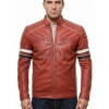 Men Red Leather Cafe Racer Jacket | Vintage Retro Striped Motorcycle Coat | Premium Ribbed Padded Shoulder Rider Side Tab Biker Armor