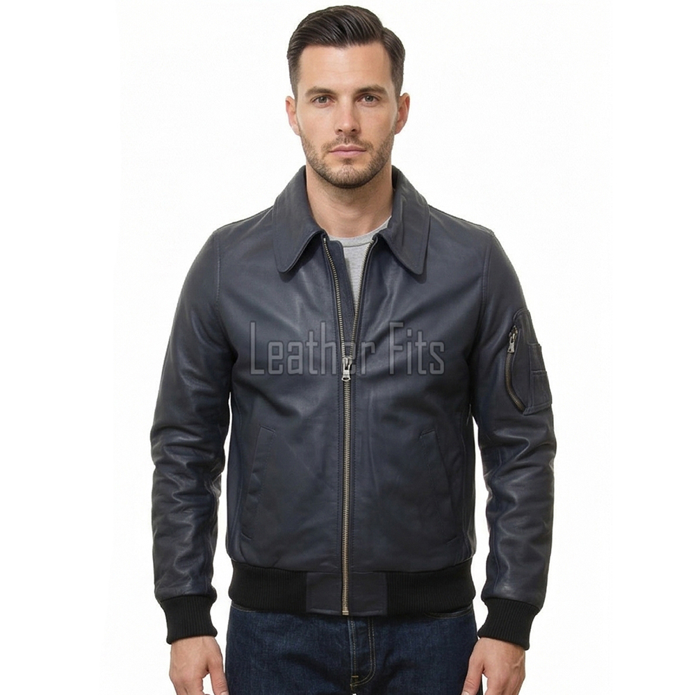 Men Navy Blue Leather Bomber Jacket | Classic Turn Down Point Collar MA1 Aviator | Premium Lambskin Ribbed Cuff Waistband Outerwear