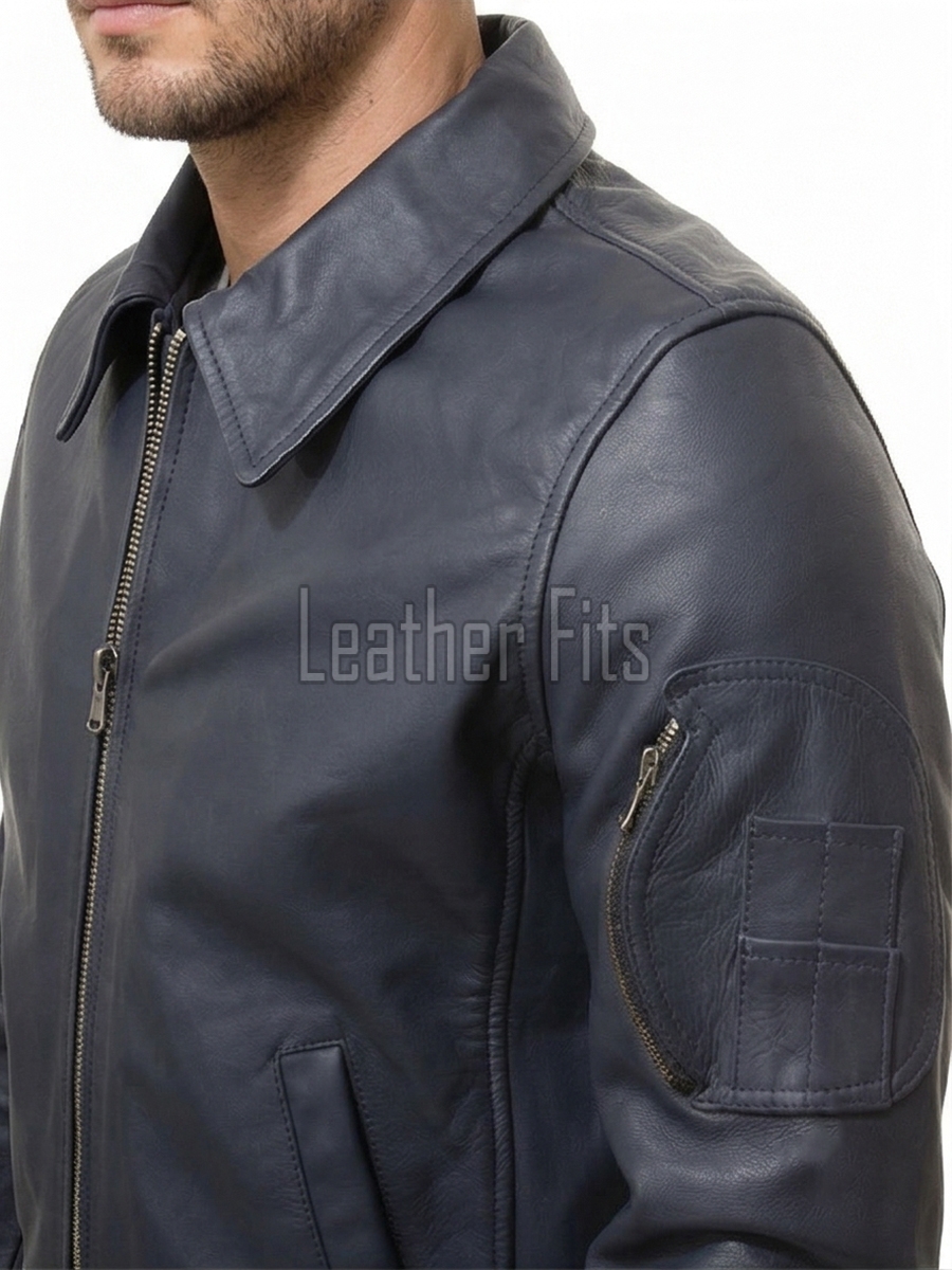 Men Navy Blue Leather Bomber Jacket | Classic Turn Down Point Collar MA1 Aviator | Premium Lambskin Ribbed Cuff Waistband Outerwear
