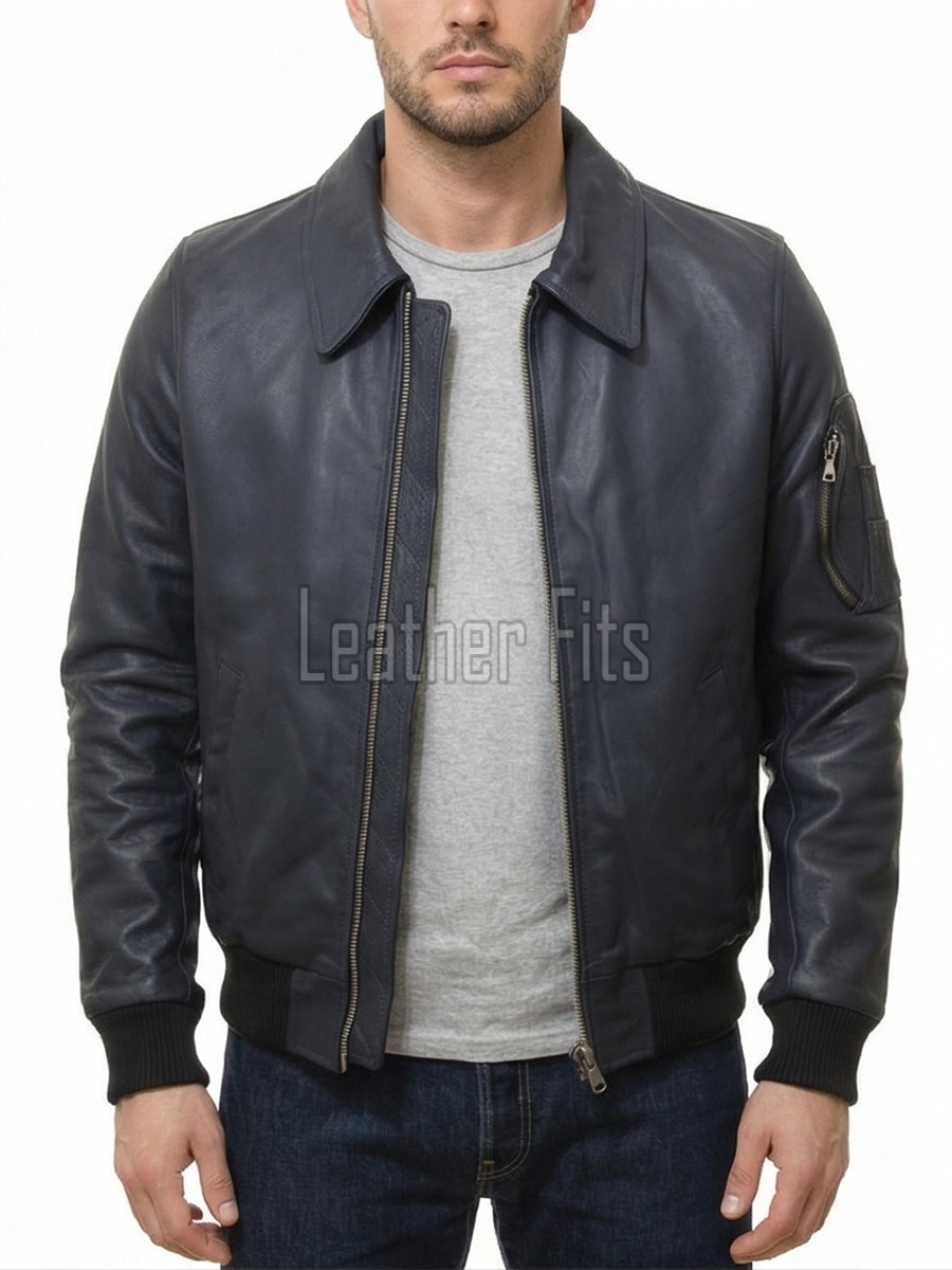 Men Navy Blue Leather Bomber Jacket | Classic Turn Down Point Collar MA1 Aviator | Premium Lambskin Ribbed Cuff Waistband Outerwear