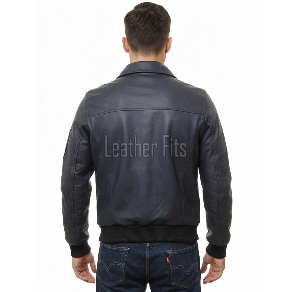 Men Navy Blue Leather Bomber Jacket | Classic Turn Down Point Collar MA1 Aviator | Premium Lambskin Ribbed Cuff Waistband Outerwear