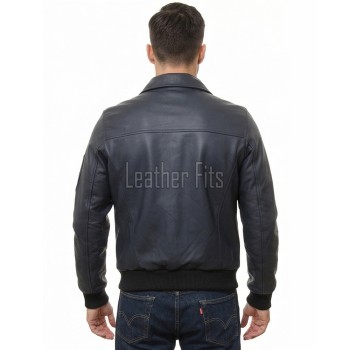 Men Navy Blue Leather Bomber Jacket | Classic Turn Down Point Collar MA1 Aviator | Premium Lambskin Ribbed Cuff Waistband Outerwear