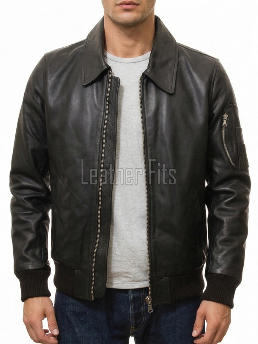 Men Black Leather Bomber Jacket | Classic Turn Down Point Collar MA1 Aviator | Premium Lambskin Ribbed Cuff Waistband Outerwear Flight Coat