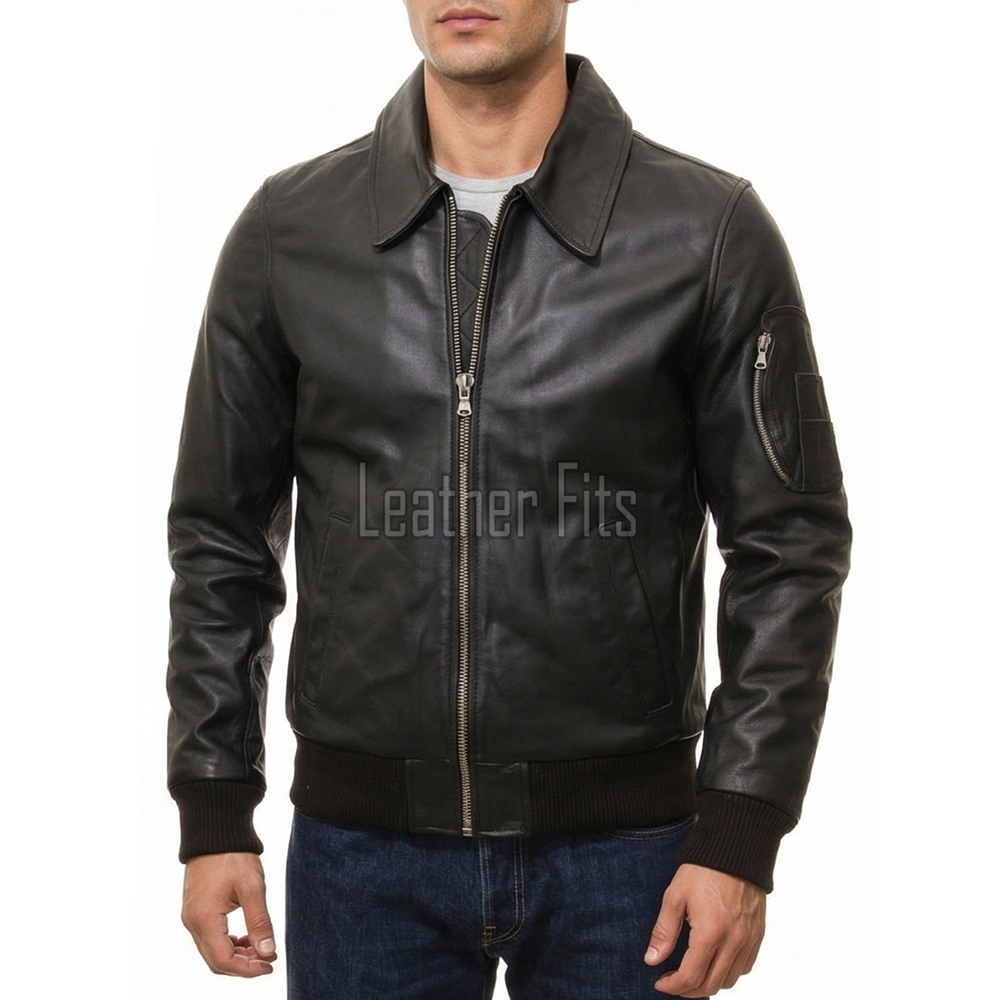 Men Black Leather Bomber Jacket | Classic Turn Down Point Collar MA1 Aviator | Premium Lambskin Ribbed Cuff Waistband Outerwear Flight Coat