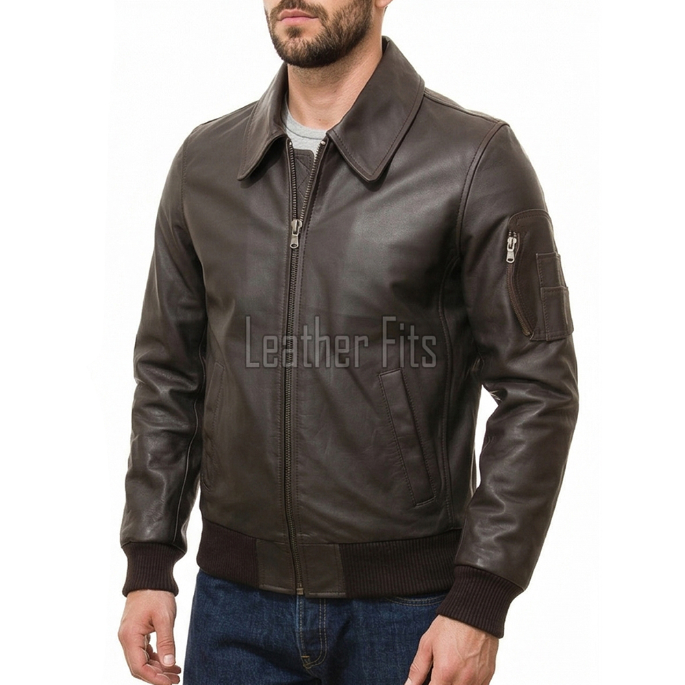 Men Dark Brown Leather Bomber Jacket | Classic Turn Down Point Collar MA1 Aviator | Premium Lambskin Ribbed Cuff Waistband Outerwear Flight Coat