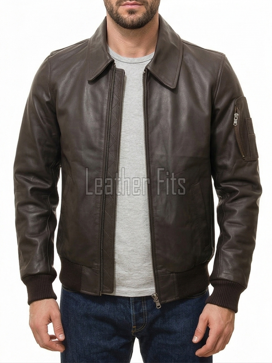 Men Dark Brown Leather Bomber Jacket | Classic Turn Down Point Collar MA1 Aviator | Premium Lambskin Ribbed Cuff Waistband Outerwear Flight Coat