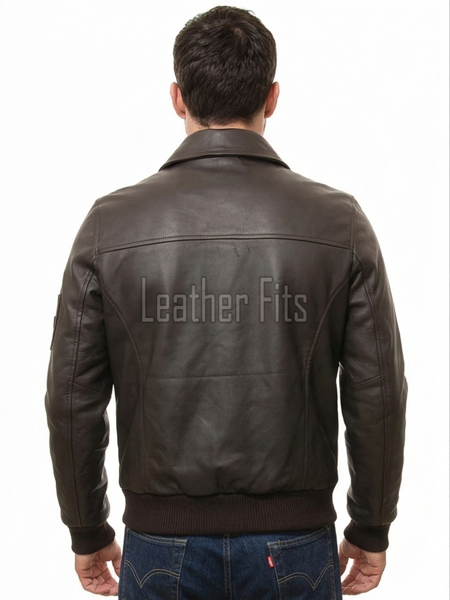 Men Dark Brown Leather Bomber Jacket | Classic Turn Down Point Collar MA1 Aviator | Premium Lambskin Ribbed Cuff Waistband Outerwear Flight Coat