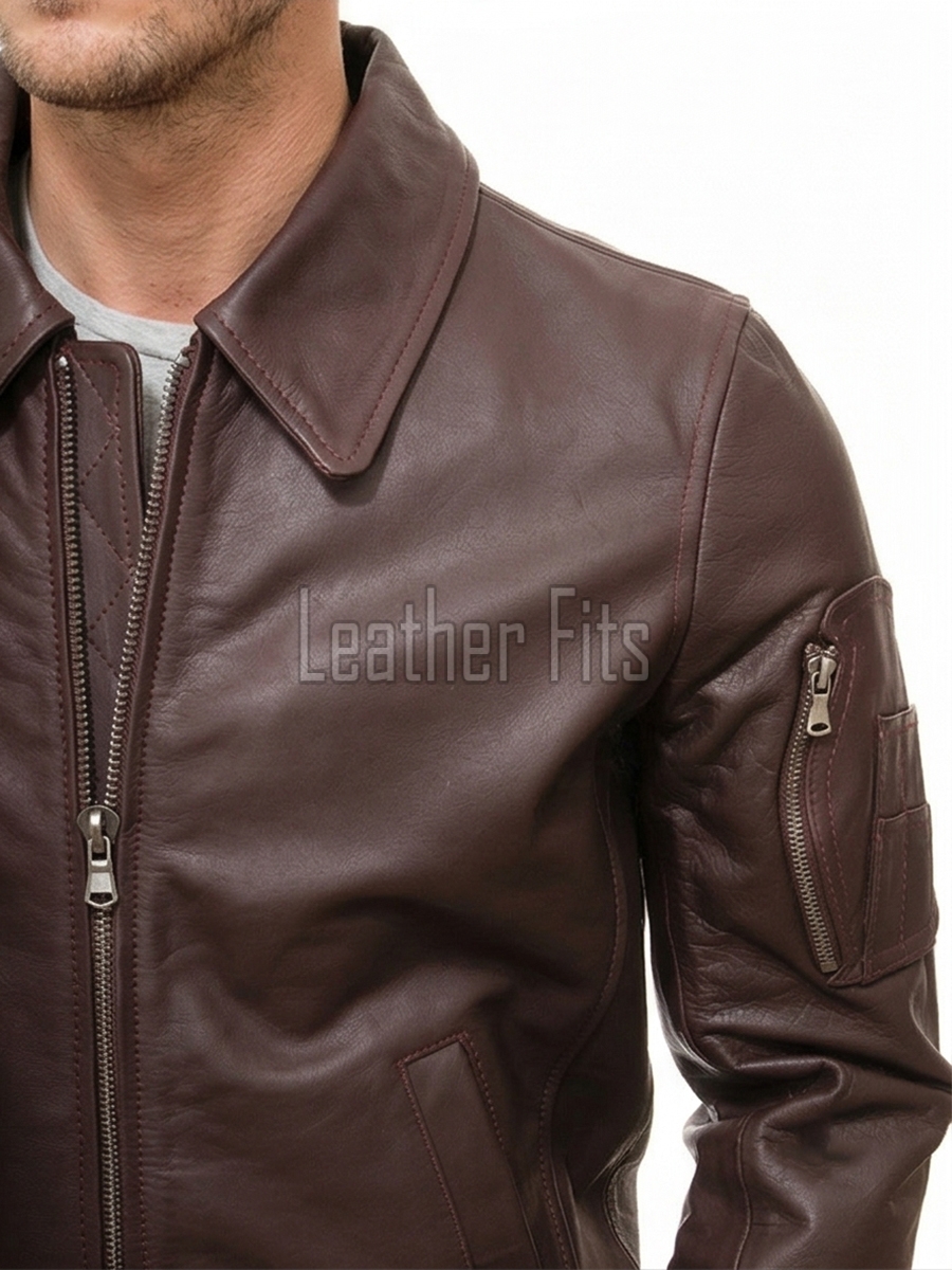 Men Maroon Leather Bomber Jacket | Classic Turn Down Point Collar MA1 Aviator | Premium Burgundy Lambskin Ribbed Cuff Outerwear Flight Coat