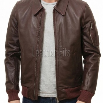 Men Maroon Leather Bomber Jacket | Classic Turn Down Point Collar MA1 Aviator | Premium Burgundy Lambskin Ribbed Cuff Outerwear Flight Coat