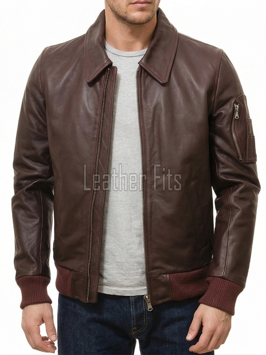 Men Maroon Leather Bomber Jacket | Classic Turn Down Point Collar MA1 Aviator | Premium Burgundy Lambskin Ribbed Cuff Outerwear Flight Coat