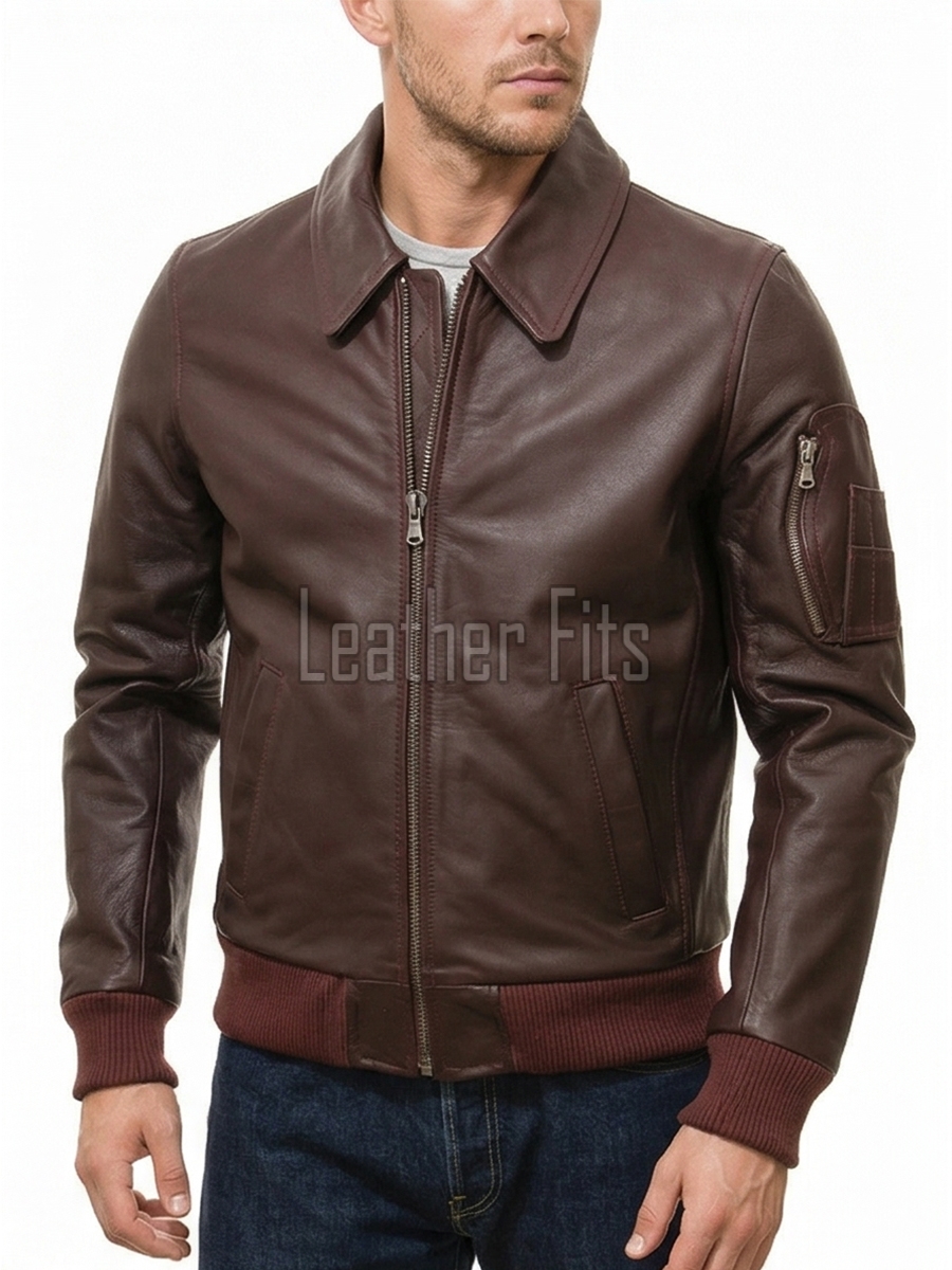 Men Maroon Leather Bomber Jacket | Classic Turn Down Point Collar MA1 Aviator | Premium Burgundy Lambskin Ribbed Cuff Outerwear Flight Coat