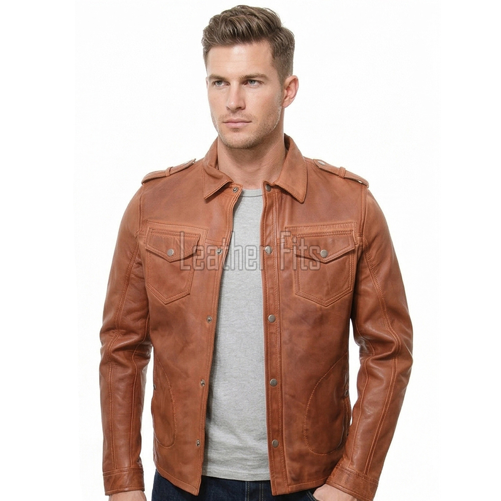 Men Tan Leather Shirt Jacket | Premium Cognac Genuine Lambskin Military Trucker | Classic Point Collar Button Up Tactical Highwayman Coat