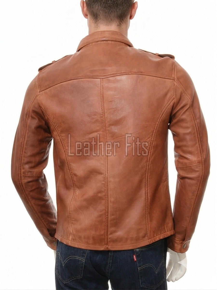 Men Tan Leather Shirt Jacket | Premium Cognac Genuine Lambskin Military Trucker | Classic Point Collar Button Up Tactical Highwayman Coat