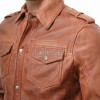 Men Tan Leather Shirt Jacket | Premium Cognac Genuine Lambskin Military Trucker | Classic Point Collar Button Up Tactical Highwayman Coat