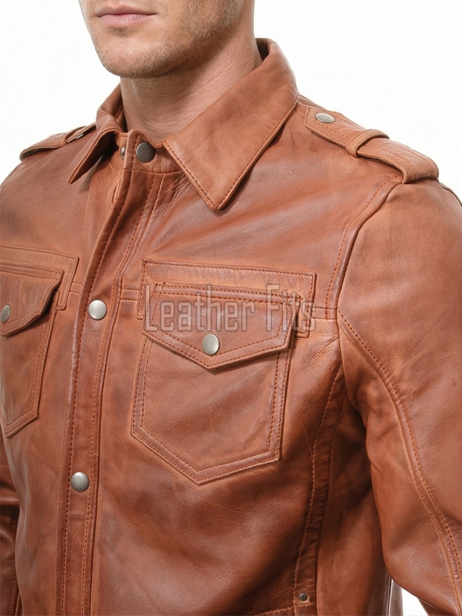 Men Tan Leather Shirt Jacket | Premium Cognac Genuine Lambskin Military Trucker | Classic Point Collar Button Up Tactical Highwayman Coat