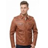 Men Tan Leather Shirt Jacket | Premium Cognac Genuine Lambskin Military Trucker | Classic Point Collar Button Up Tactical Highwayman Coat
