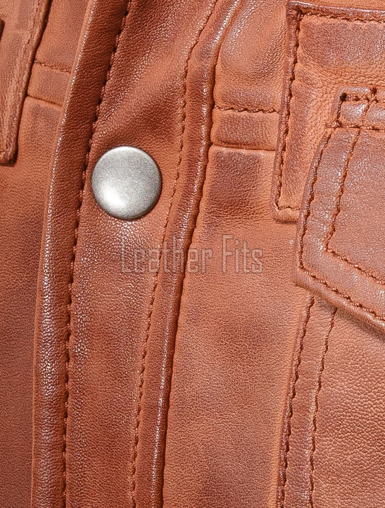 Men Tan Leather Shirt Jacket | Premium Cognac Genuine Lambskin Military Trucker | Classic Point Collar Button Up Tactical Highwayman Coat