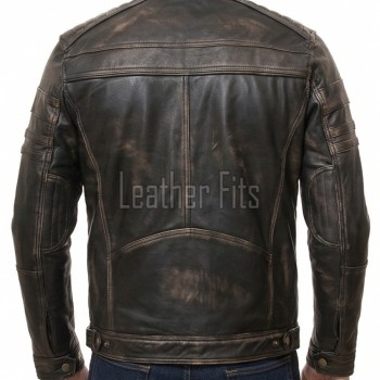 Men Distressed Leather Cafe Racer Jacket | Premium Vintage Black Brown Genuine Sheepskin | Retro Motorcycle Biker Ribbed Shoulder Outerwear