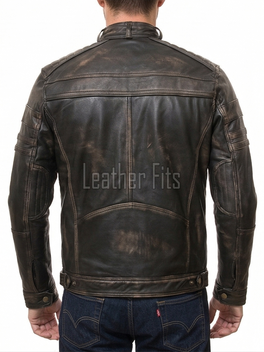 Men Distressed Leather Cafe Racer Jacket | Premium Vintage Black Brown Genuine Sheepskin | Retro Motorcycle Biker Ribbed Shoulder Outerwear